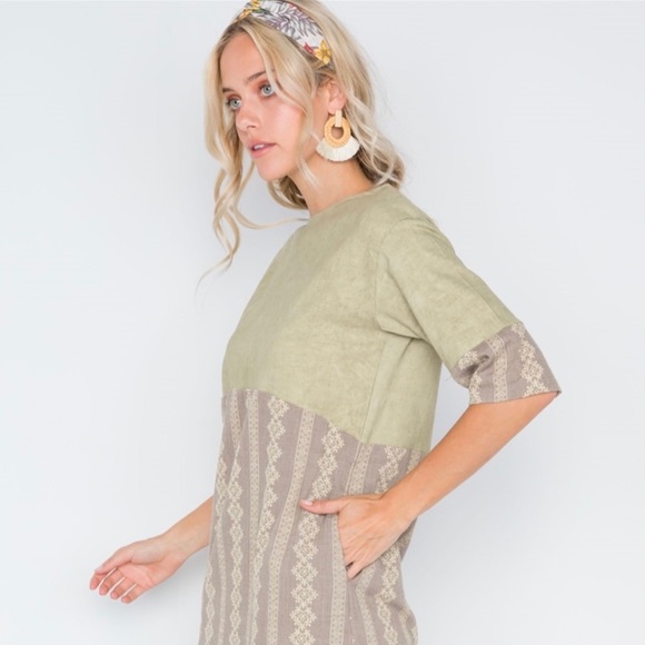 Hidden Alley Mocha Olive Contrast Shift Boho Dress - Picture 9 of 12